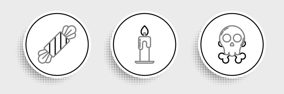 Set line Skull on crossbones, Candy and Burning candle icon. Vector Stock Illustration