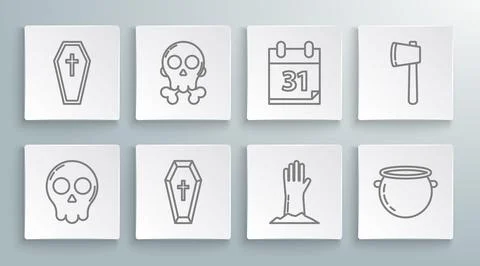 Set line Skull, on crossbones, Coffin with christian, Zombie hand, Hallowee.. Stock-Illustration