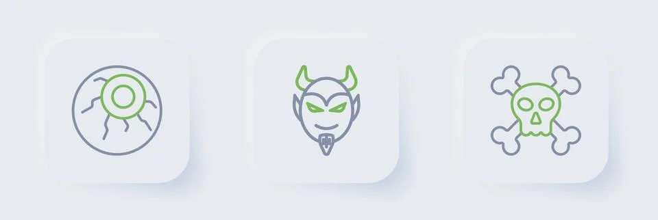 Set line Skull on crossbones, Devil head and Eye icon. Vector 스톡 일러스트