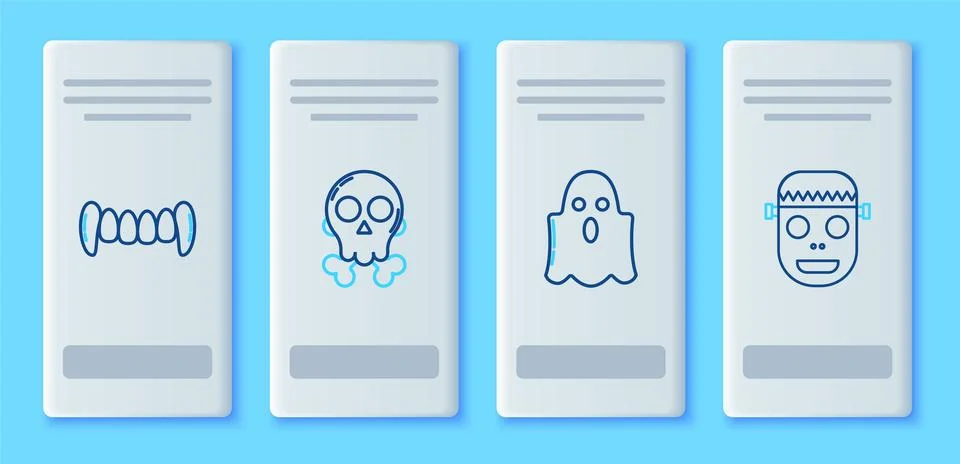 Set line Skull on crossbones, Ghost, Vampire teeth and Zombie mask icon. Vector Stock Illustration