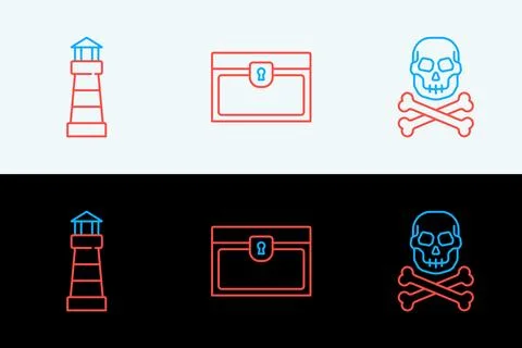 Set line Skull on crossbones, Lighthouse and Antique treasure chest icon. V.. Stock Illustration