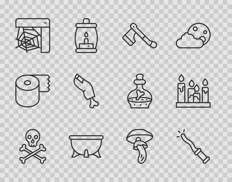 Set line Skull on crossbones, Magic wand, Wooden axe, Halloween witch cauldron 스톡 일러스트