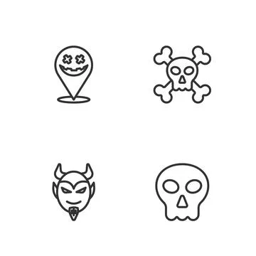 Set line Skull, Devil head, Happy Halloween holiday and on crossbones icon 스톡 일러스트