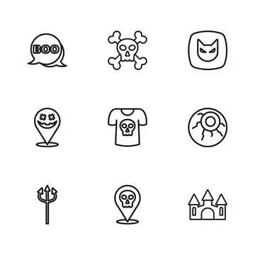 Set line Skull, Eye, Castle, Shirt with skull, Black cat, Boo speech bubble.. Stock Illustration