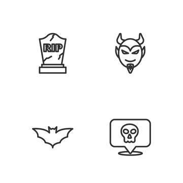 Set line Skull, Flying bat, Tombstone with RIP written and Devil head icon Stock Illustration