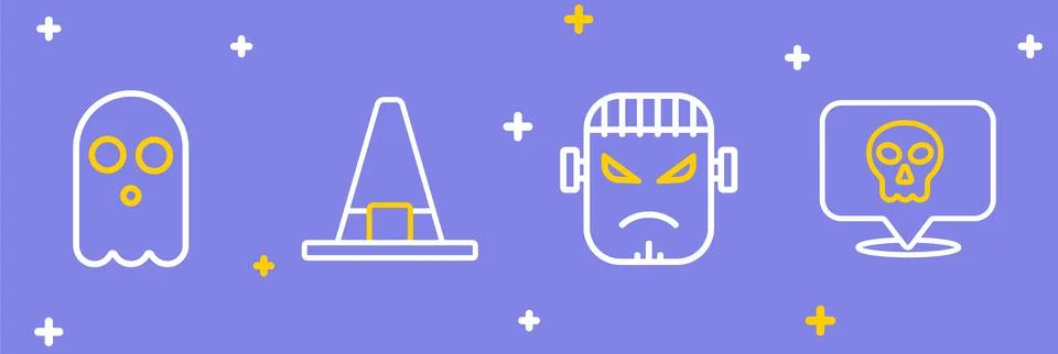 Set line Skull, Frankenstein face, Witch hat and Ghost icon. Vector Stock Illustration