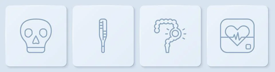 Set line Skull, Gut constipation, Medical thermometer and Heart rate. White Illustrazione stock