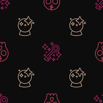 Set line Skull, Magic ball and Old magic key on seamless pattern. Vector Illustrazione stock