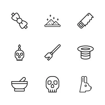 Set line Skull, Magic hat, Rabbit with ears, Witches broom, Hand saw, Bow t.. Stock Illustration