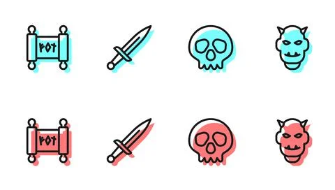 Set line Skull, Magic scroll, Dagger and Mask of the devil with horns icon Illustrazione stock