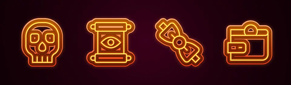 Set line Skull, Magic scroll, Bow tie and Wallet. Glowing neon icon. Vector 스톡 일러스트