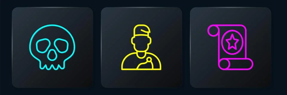 Set line Skull, Magic scroll and Wizard warlock. Black square button. Vector Illustrazione stock