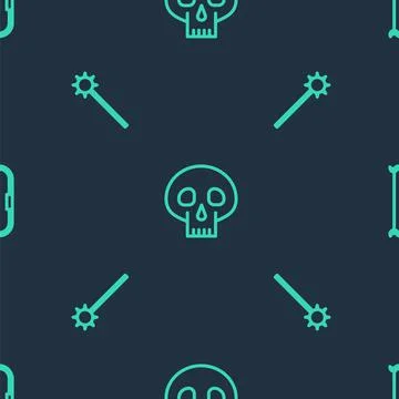 Set line Skull, Medieval chained mace ball and bow on seamless pattern. Vector Stock Illustration