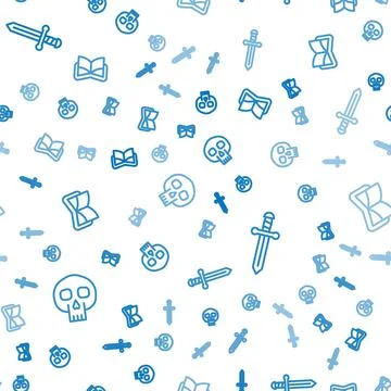 Set line Skull, Medieval sword and Ancient magic book on seamless pattern Stock Illustration