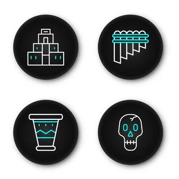 Set line Skull, Mexican drum, Pan flute and Chichen Itza in Mayan icon. Vecto Ilustración de archivo