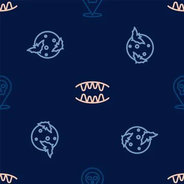 Set line Skull, Moon and stars and Vampire teeth on seamless pattern. Vector Stock Illustration