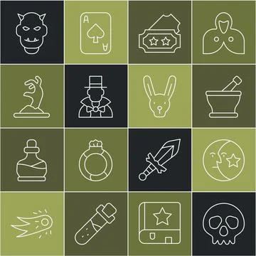 Set line Skull, Moon and stars, Mortar pestle, Ticket, Magician, Zombie hand Stock-Illustration