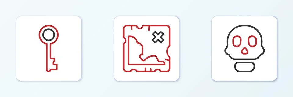 Set line Skull, Old key and Pirate treasure map icon. Vector Stock Illustration