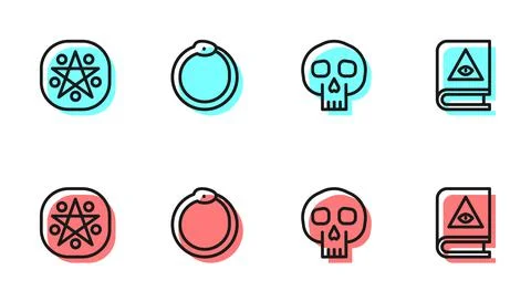 Set line Skull, Pentagram in a circle, Ouroboros and Ancient magic book icon イラスト素材
