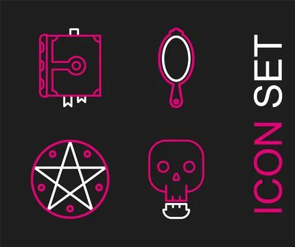 Set line Skull, Pentagram in a circle, Magic hand mirror and Ancient magic .. Stock Illustration