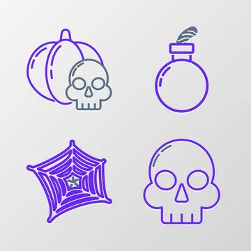 Set line Skull, Spider web, Bomb ready to explode and Pumpkin and skull icon. 스톡 일러스트