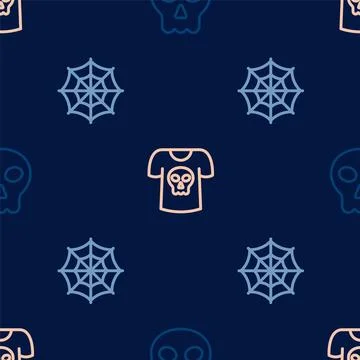 Set line Skull, Spider web and Shirt with skull on seamless pattern. Vector Stock Illustration