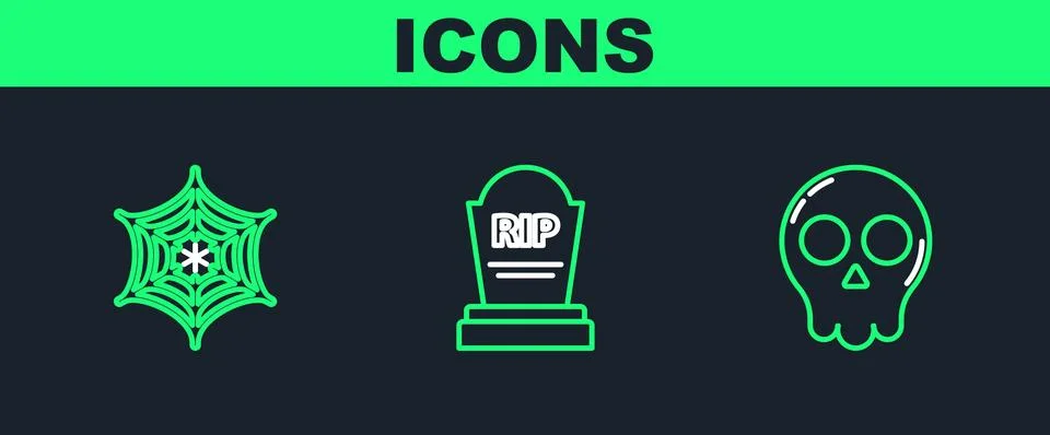 Set line Skull, Spider web and Tombstone with RIP icon. Vector Stock Illustration