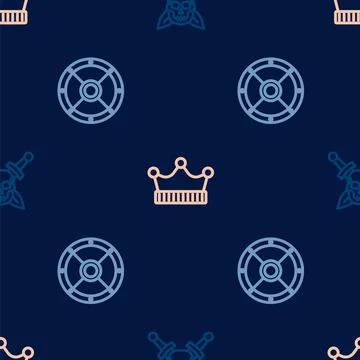 Set line Skull with sword, Round shield and King crown on seamless pattern Stock Illustration