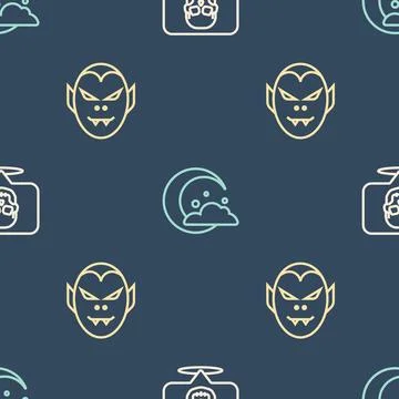 Set line Skull, Vampire and Moon and stars on seamless pattern. Vector Stock Illustration