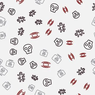 Set line Skull, Voodoo doll, and Vampire teeth on seamless pattern. Vector Stock Illustration