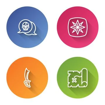 Set line Skull, Wind rose, Pirate sword and treasure map. Color circle button 스톡 일러스트