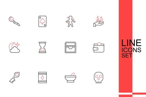 Set line Skull, Witch cauldron, Magic carpet, Old magic key, Wallet, Antiqu.. Ilustração Stock