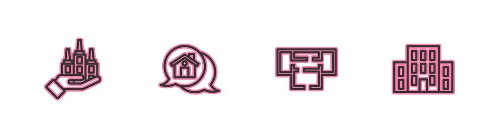 Set line Skyscraper, House plan, Real estate message house and icon. Vector Ilustración de archivo