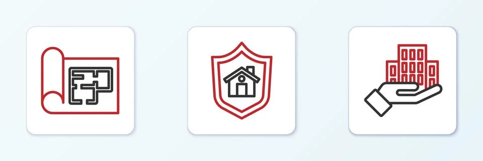 Set line Skyscraper, House plan and with shield icon. Vector Ilustración de archivo