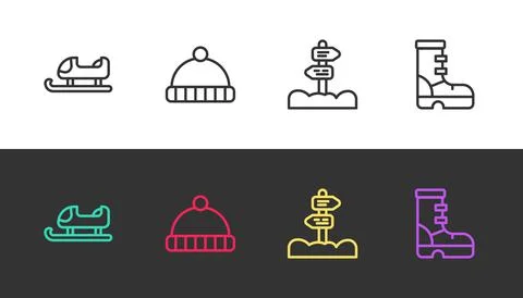 Set line Sled, Winter hat, Road traffic signpost and Waterproof rubber boot on Stock Illustration
