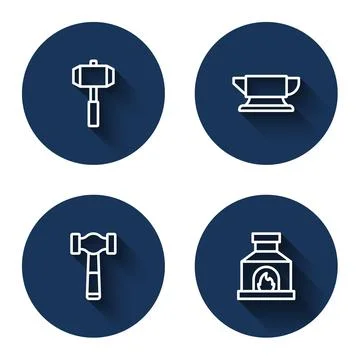 Set line Sledgehammer, Blacksmith anvil tool, Hammer and oven with long shadow Stock Illustration