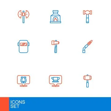 Set line Sledgehammer, Blacksmith anvil tool, Horseshoe, Welding torch, mas.. Stock Illustration
