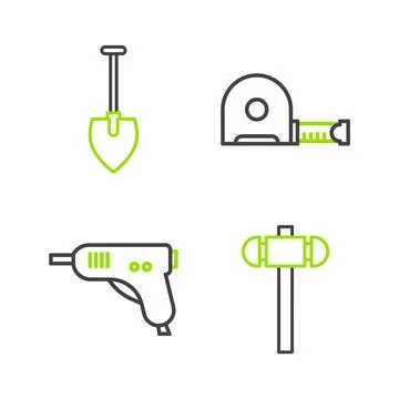 Set line Sledgehammer, Electric hot glue gun, Roulette construction and Shovel Stock Illustration