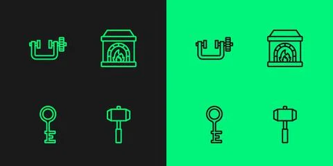 Set line Sledgehammer, Old key, Clamp and screw tool and Blacksmith oven icon Ilustração Stock