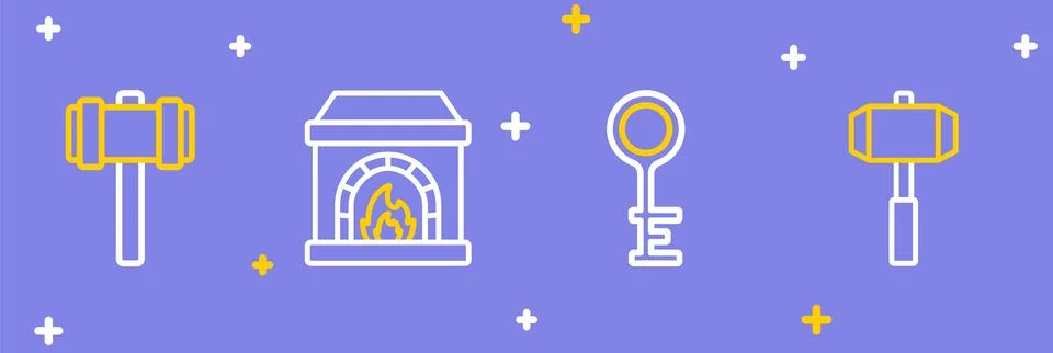Set line Sledgehammer, Old key, Blacksmith oven and  icon. Vector Stock Illustration