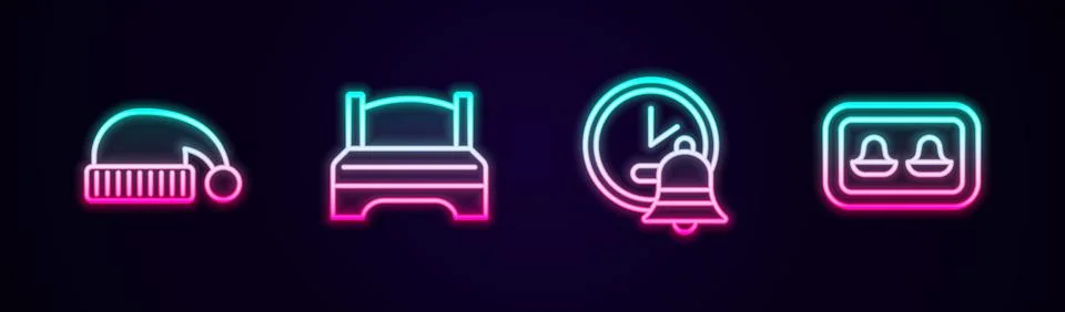 Set line Sleeping hat, Big bed, Alarm clock and Earplugs with storage box Stock Illustration