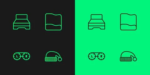 Set line Sleeping hat, Contact lens container, Big bed and Pillow icon. Vector Stock Illustration