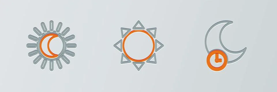 Set line Sleeping moon, Eclipse of the sun and Sun icon. Vector Ilustração Stock