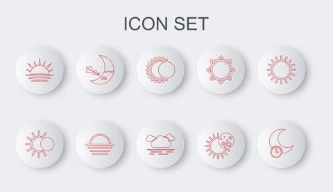 Set line Sleeping moon, Eclipse of the sun, Sunset, Moon icon, and Cloud icon 스톡 일러스트