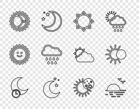 Set line Sleeping moon, Sunset, Moon and stars, Eclipse of the sun, Cloud with Ilustração Stock
