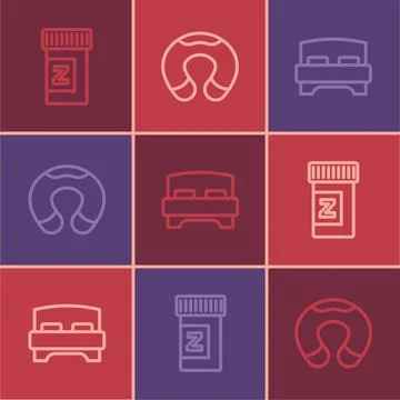 Set line Sleeping pill, Big bed and Travel neck pillow icon. Vector Stock Illustration