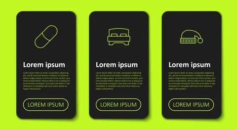 Set line Sleeping pill, Big bed and hat. Business infographic template. Vector Stock Illustration