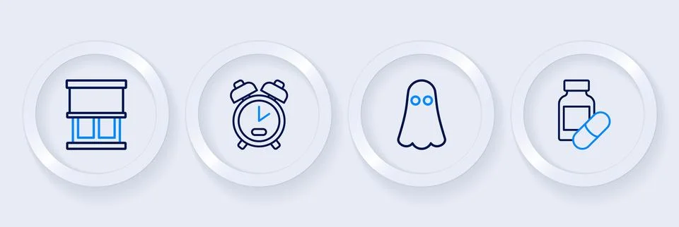 Set line Sleeping pill, Ghost, Alarm clock and Window with curtains icon. V.. イラスト素材