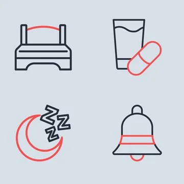 Set line Sleeping pill, Moon and stars, Ringing bell and Big bed icon. Vector Stock Illustration