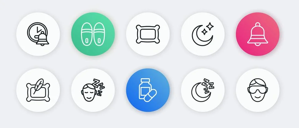 Set line Sleeping pill, Ringing bell, Pillow, Moon and stars, Eye sleep mas.. Stock Illustration